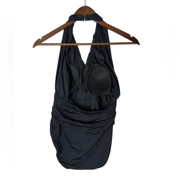 Badgley Mischka Black One-Piece Swimsuit with Ruched Waist Deep Plunge Size 6 - Picture 3 of 5